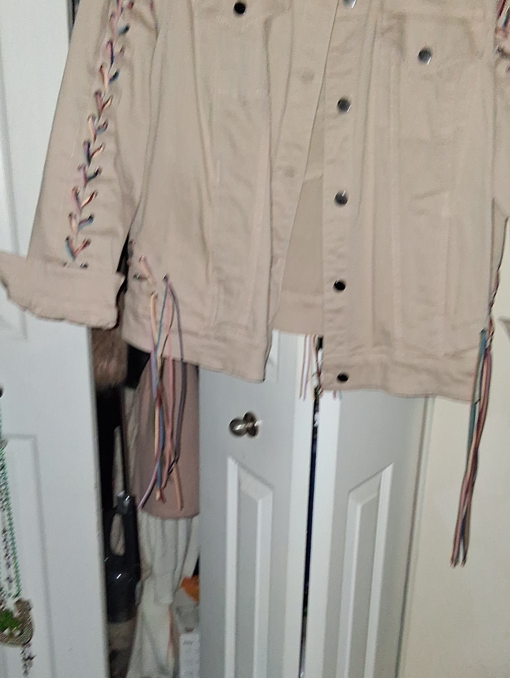 Peace Love World Beige Lace-Up Jean Jacket with Multicolor Trim